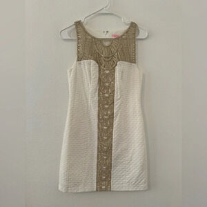 Lilly Pulitzer Tana Shift Dress Gold Embroidery Jacquard Wedding Party Size 2